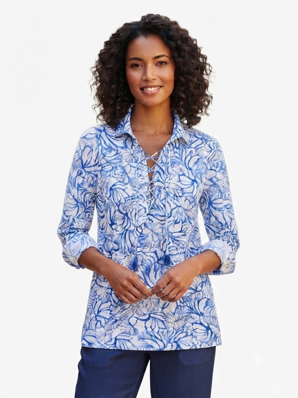 Martha Stewart Linen Blend Blue and White Tunic  Top